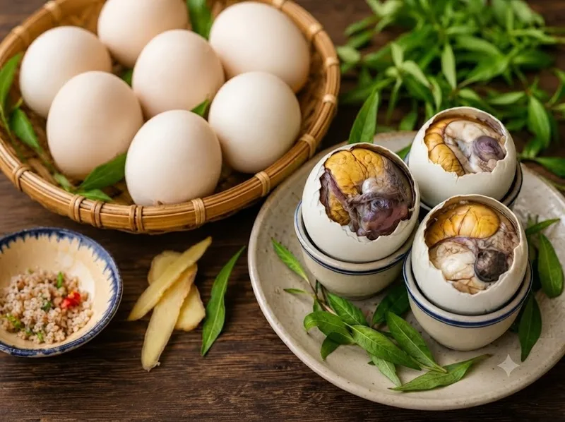 Trứng vịt lộn chứa nhiều dưỡng chất như protein, chất béo, sắt và vitamin, phù hợp khi được sử dụng trong khẩu phần cân đối.