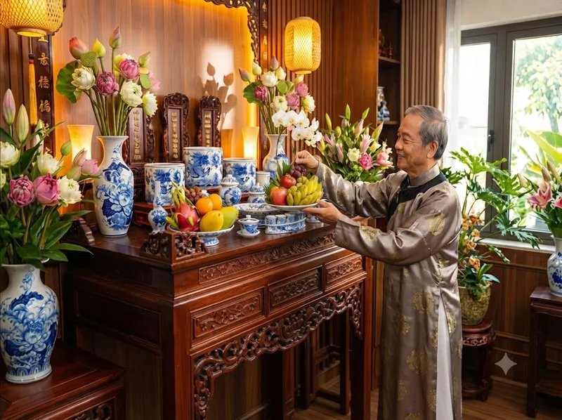 Cách bố trí bàn thờ gia tiên cân đối giúp bát hương, di ảnh, lọ hoa và đồ lễ được sắp xếp trang nghiêm, dễ quan sát.