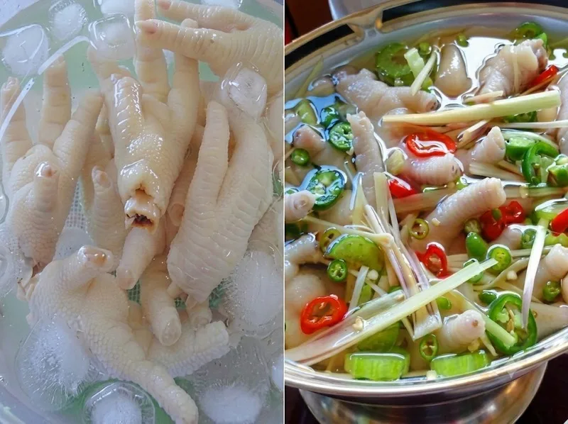 Chân gà ngâm trong nước đá lạnh giúp da săn chắc, không bị mềm