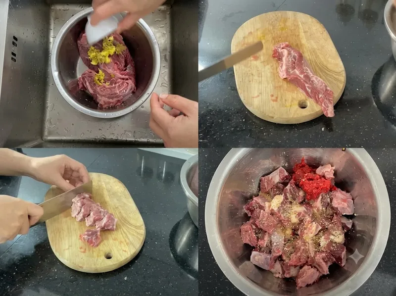 Thịt bò được sơ chế sạch, cắt miếng vuông vừa ăn và chuẩn bị cùng các loại gia vị giúp món hầm đậm đà hơn.