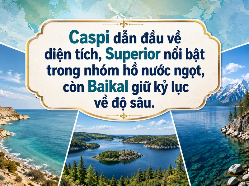 Caspi dẫn đầu về diện tích, Superior nổi bật trong nhóm hồ nước ngọt, còn Baikal giữ kỷ lục về độ sâu.